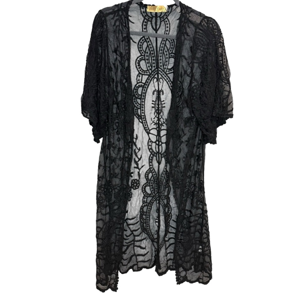 Jessica Taylor black sheer‎ crochet open cardigan.  OS